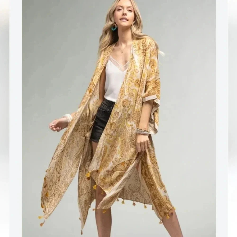 Boho Print Kimono Wrap Coverup Tassel Trim Mustard New